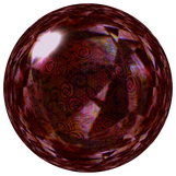Picture of a shiny red orb with glass-like qualities. It has an embedded pattern of roses and hex cells overlaid with rainbow-tinged fractals.